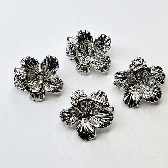 Four Mini Flower Brooch Pins Rhodium Plated Hibiscus Flower Pins - Set of 4 Pins - Picture 4 of 8